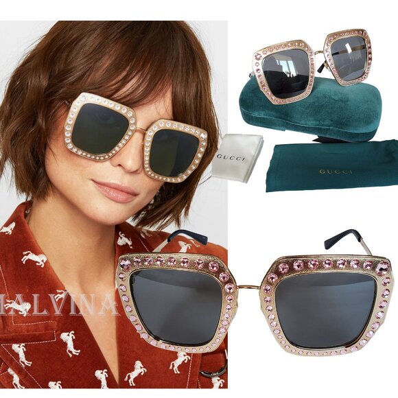 GUCCI SUNGLASSES GG0115S 003 CRYSTAL EMBELLISHED SQUARE FRAME GOLD - Picture 1 of 11